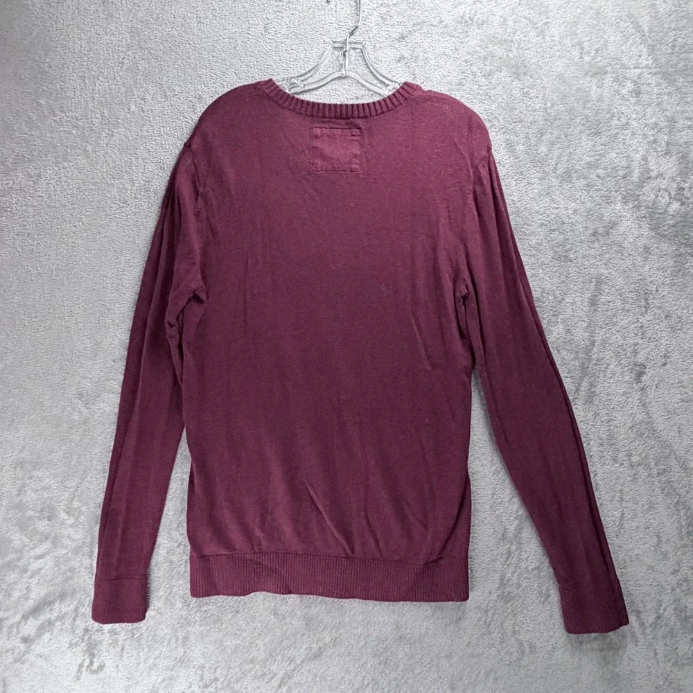 Hollister V-Neck Sweater Mens Medium Burgundy Red Knit Seagull Logo Long Sleeve
